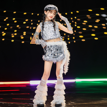 Costum de dans jazz pentru fete cu paiete — vestă poliester 90%, tratament moale al țesăturii, potrivit pentru fete peste 8 ani, dans jazz, reprezentații pe scenă