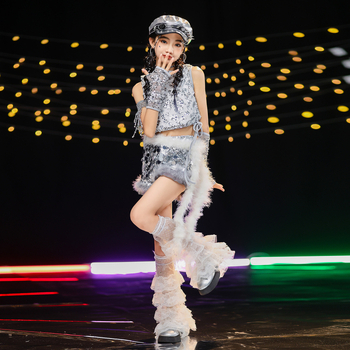 Costum de dans jazz pentru fete cu paiete — vestă poliester 90%, tratament moale al țesăturii, potrivit pentru fete peste 8 ani, dans jazz, reprezentații pe scenă