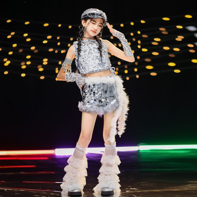 Costum de dans jazz pentru fete cu paiete — vestă poliester 90%, tratament moale al țesăturii, potrivit pentru fete peste 8 ani, dans jazz, reprezentații pe scenă