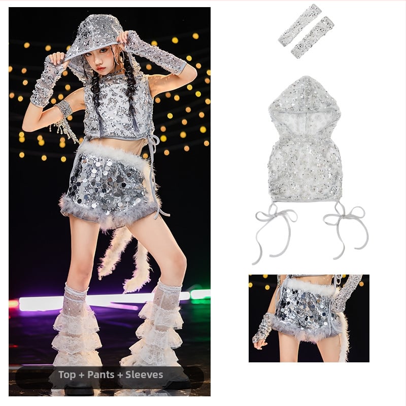 Costum de dans jazz pentru fete cu paiete — vestă poliester 90%, tratament moale al țesăturii, potrivit pentru fete peste 8 ani, dans jazz, reprezentații pe scenă