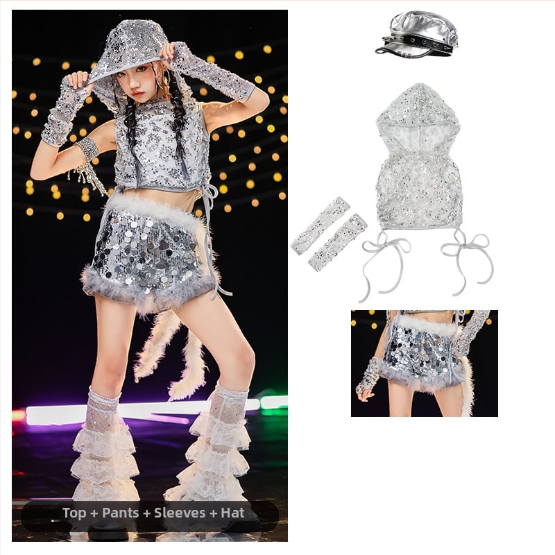 Costum de dans jazz pentru fete cu paiete — vestă poliester 90%, tratament moale al țesăturii, potrivit pentru fete peste 8 ani, dans jazz, reprezentații pe scenă