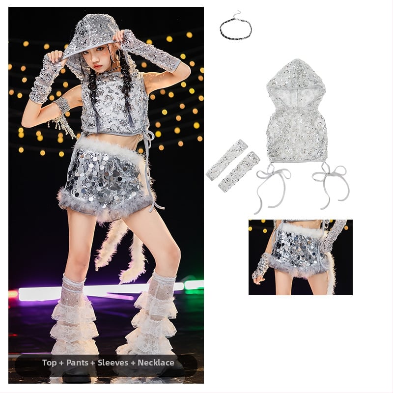 Costum de dans jazz pentru fete cu paiete — vestă poliester 90%, tratament moale al țesăturii, potrivit pentru fete peste 8 ani, dans jazz, reprezentații pe scenă