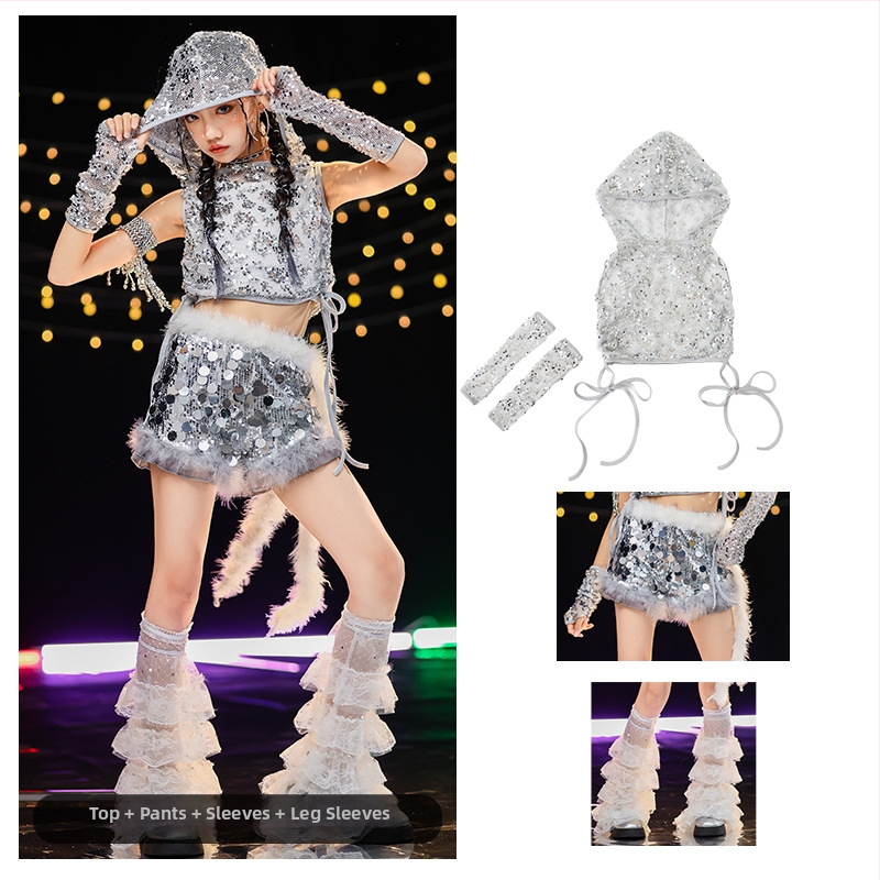 Costum de dans jazz pentru fete cu paiete — vestă poliester 90%, tratament moale al țesăturii, potrivit pentru fete peste 8 ani, dans jazz, reprezentații pe scenă