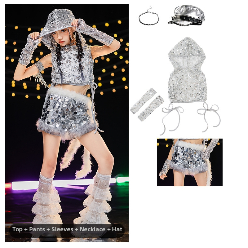 Costum de dans jazz pentru fete cu paiete — vestă poliester 90%, tratament moale al țesăturii, potrivit pentru fete peste 8 ani, dans jazz, reprezentații pe scenă