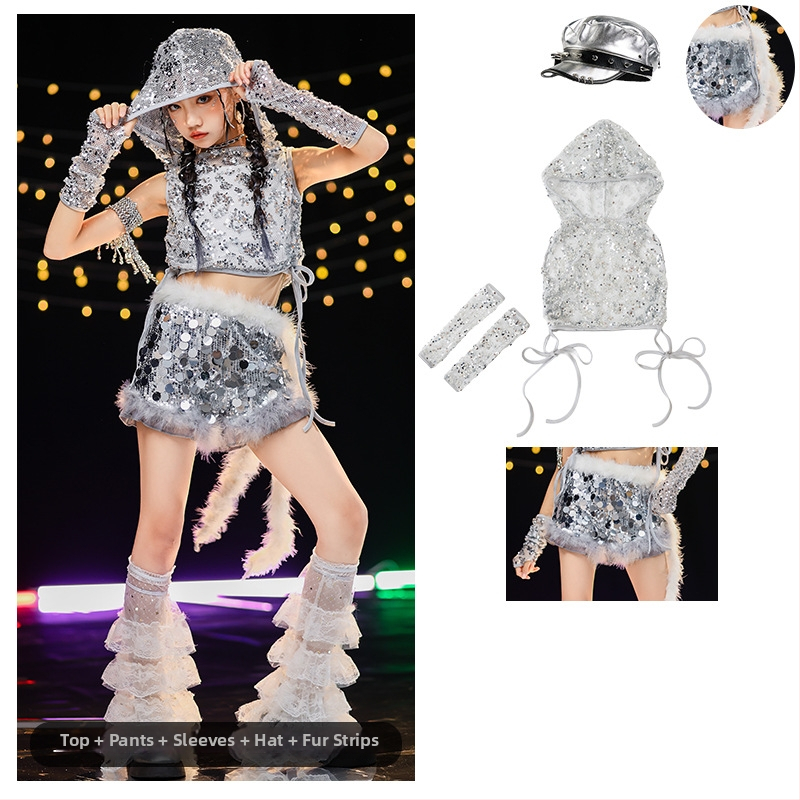 Costum de dans jazz pentru fete cu paiete — vestă poliester 90%, tratament moale al țesăturii, potrivit pentru fete peste 8 ani, dans jazz, reprezentații pe scenă