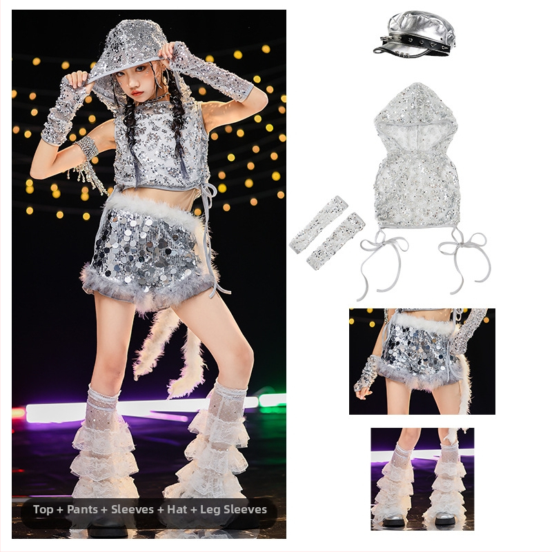 Costum de dans jazz pentru fete cu paiete — vestă poliester 90%, tratament moale al țesăturii, potrivit pentru fete peste 8 ani, dans jazz, reprezentații pe scenă