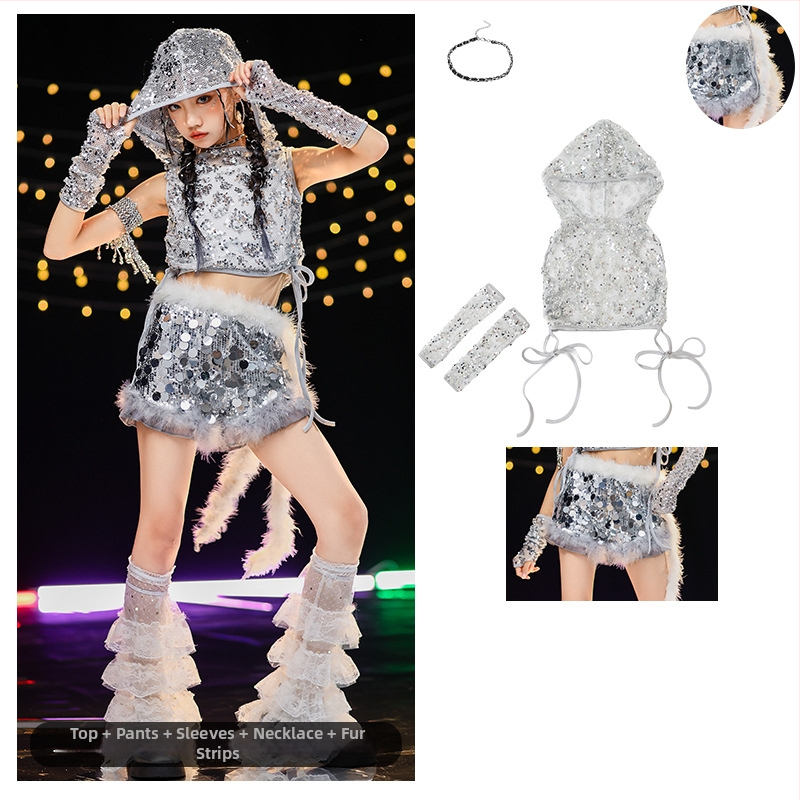 Costum de dans jazz pentru fete cu paiete — vestă poliester 90%, tratament moale al țesăturii, potrivit pentru fete peste 8 ani, dans jazz, reprezentații pe scenă