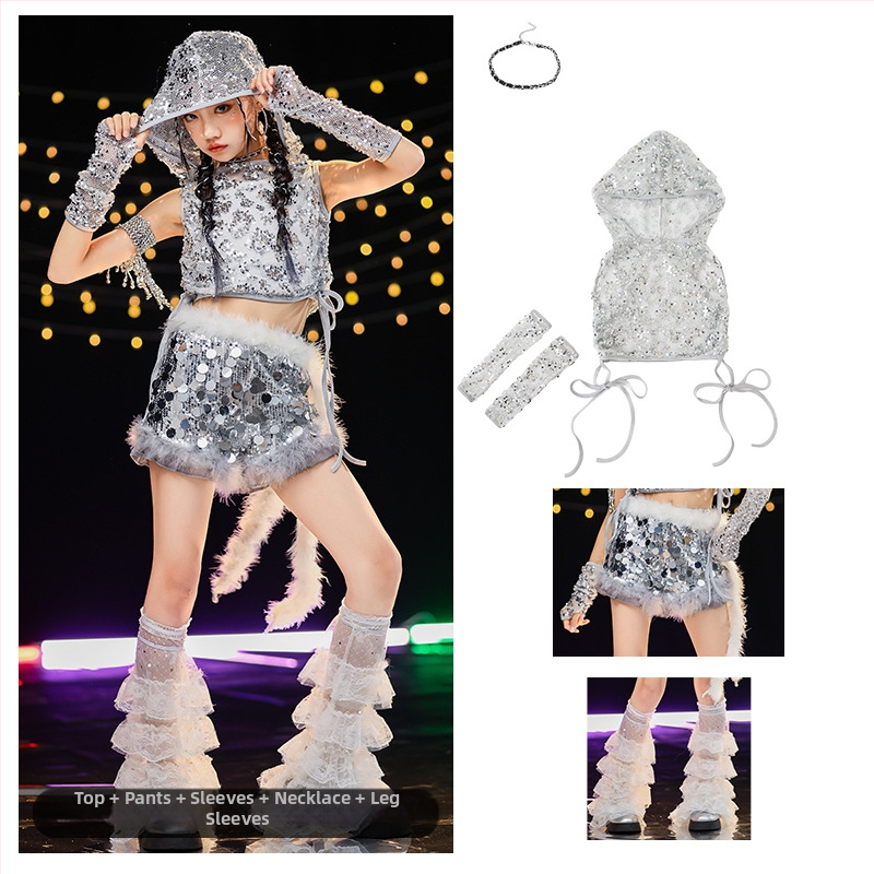 Costum de dans jazz pentru fete cu paiete — vestă poliester 90%, tratament moale al țesăturii, potrivit pentru fete peste 8 ani, dans jazz, reprezentații pe scenă