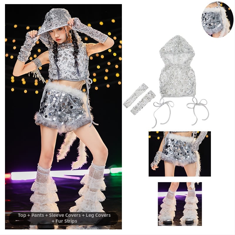 Costum de dans jazz pentru fete cu paiete — vestă poliester 90%, tratament moale al țesăturii, potrivit pentru fete peste 8 ani, dans jazz, reprezentații pe scenă