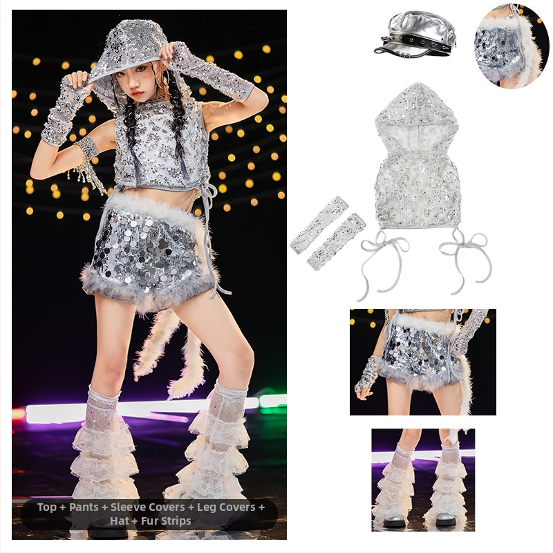 Costum de dans jazz pentru fete cu paiete — vestă poliester 90%, tratament moale al țesăturii, potrivit pentru fete peste 8 ani, dans jazz, reprezentații pe scenă