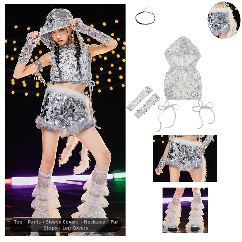 Costum de dans jazz pentru fete cu paiete — vestă poliester 90%, tratament moale al țesăturii, potrivit pentru fete peste 8 ani, dans jazz, reprezentații pe scenă