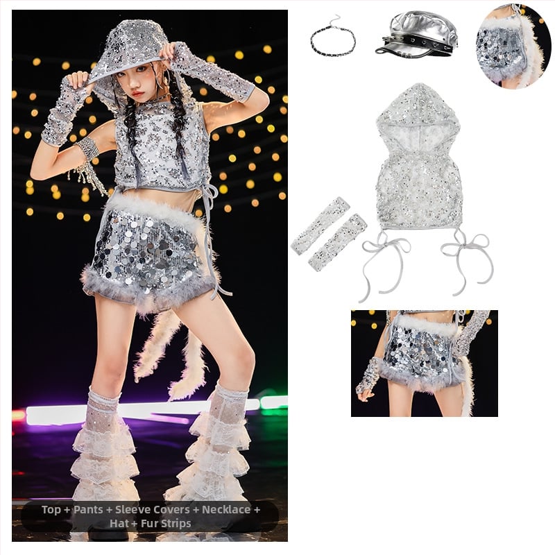 Costum de dans jazz pentru fete cu paiete — vestă poliester 90%, tratament moale al țesăturii, potrivit pentru fete peste 8 ani, dans jazz, reprezentații pe scenă