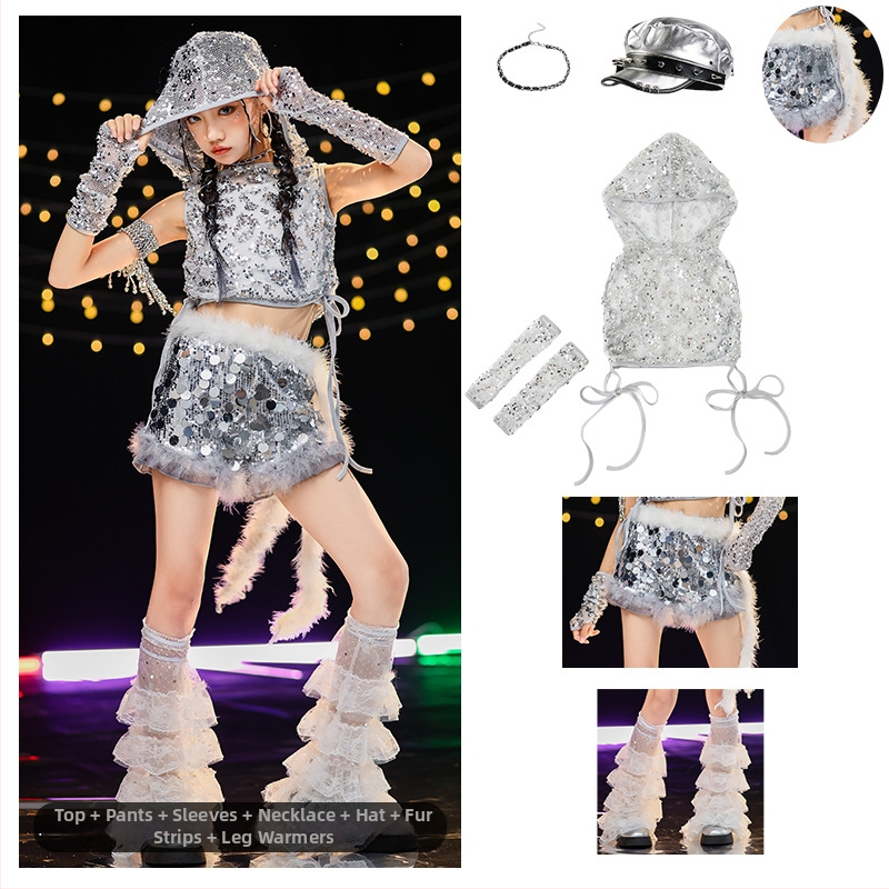 Costum de dans jazz pentru fete cu paiete — vestă poliester 90%, tratament moale al țesăturii, potrivit pentru fete peste 8 ani, dans jazz, reprezentații pe scenă