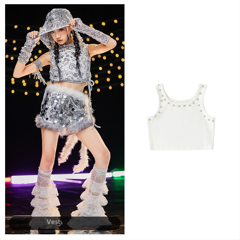 Costum de dans jazz pentru fete cu paiete — vestă poliester 90%, tratament moale al țesăturii, potrivit pentru fete peste 8 ani, dans jazz, reprezentații pe scenă