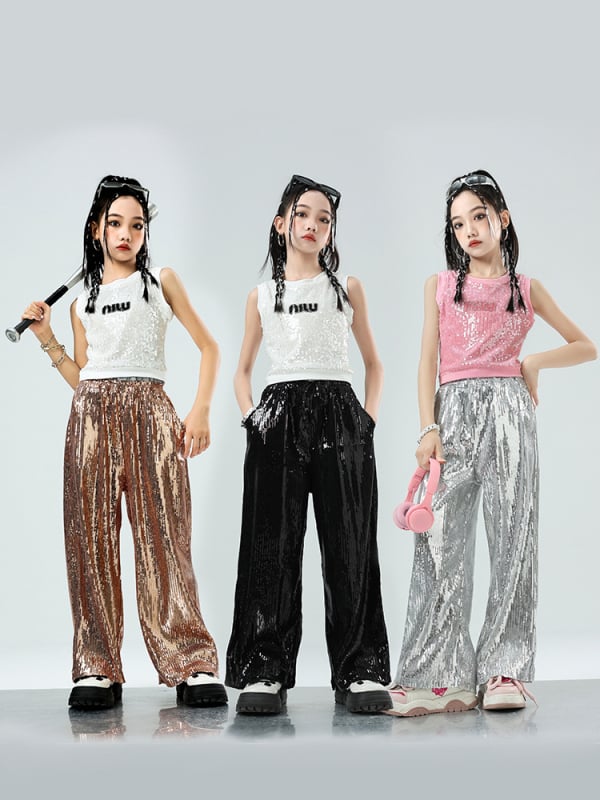 Dievčenský jazzový tanečný kostým — hip-hop štýl, flitre, bavlna 50%, pre deti od 8 rokov, leto 2024