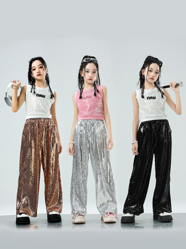 Dievčenský jazzový tanečný kostým — hip-hop štýl, flitre, bavlna 50%, pre deti od 8 rokov, leto 2024