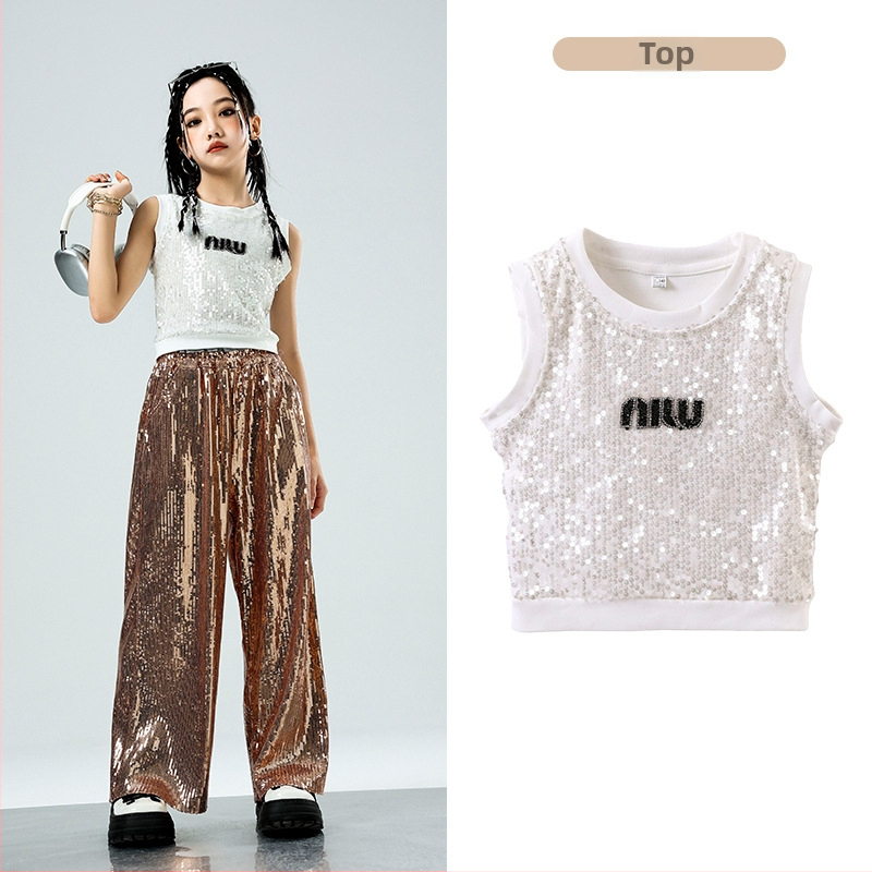 Dievčenský jazzový tanečný kostým — hip-hop štýl, flitre, bavlna 50%, pre deti od 8 rokov, leto 2024