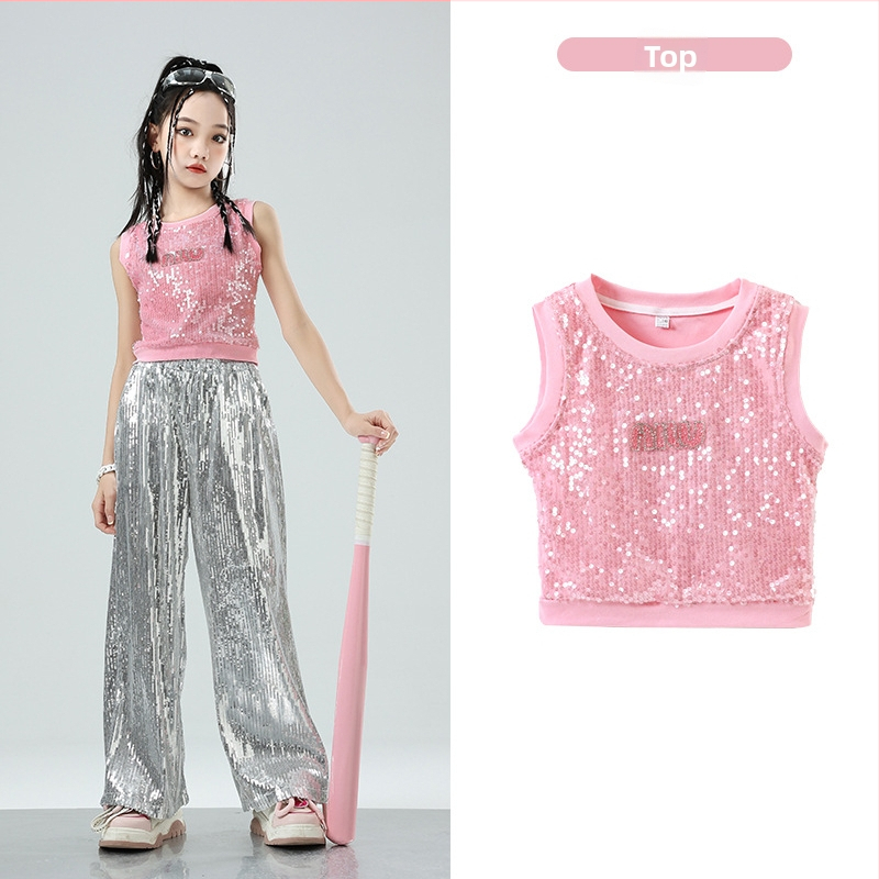 Dievčenský jazzový tanečný kostým — hip-hop štýl, flitre, bavlna 50%, pre deti od 8 rokov, leto 2024