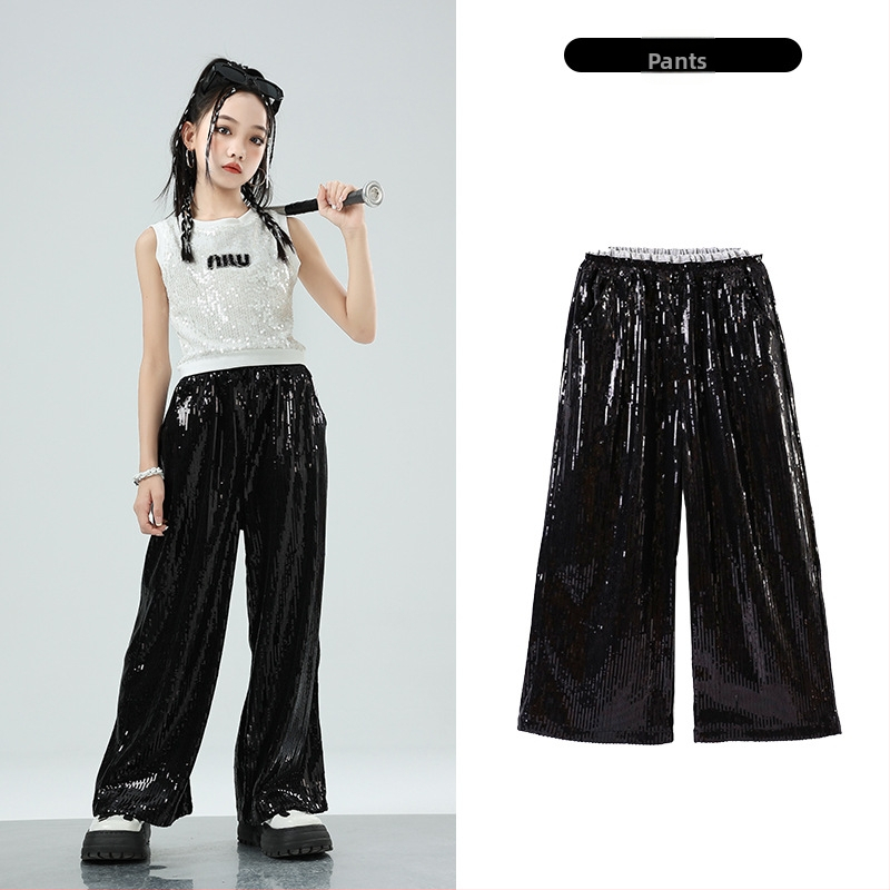 Dievčenský jazzový tanečný kostým — hip-hop štýl, flitre, bavlna 50%, pre deti od 8 rokov, leto 2024