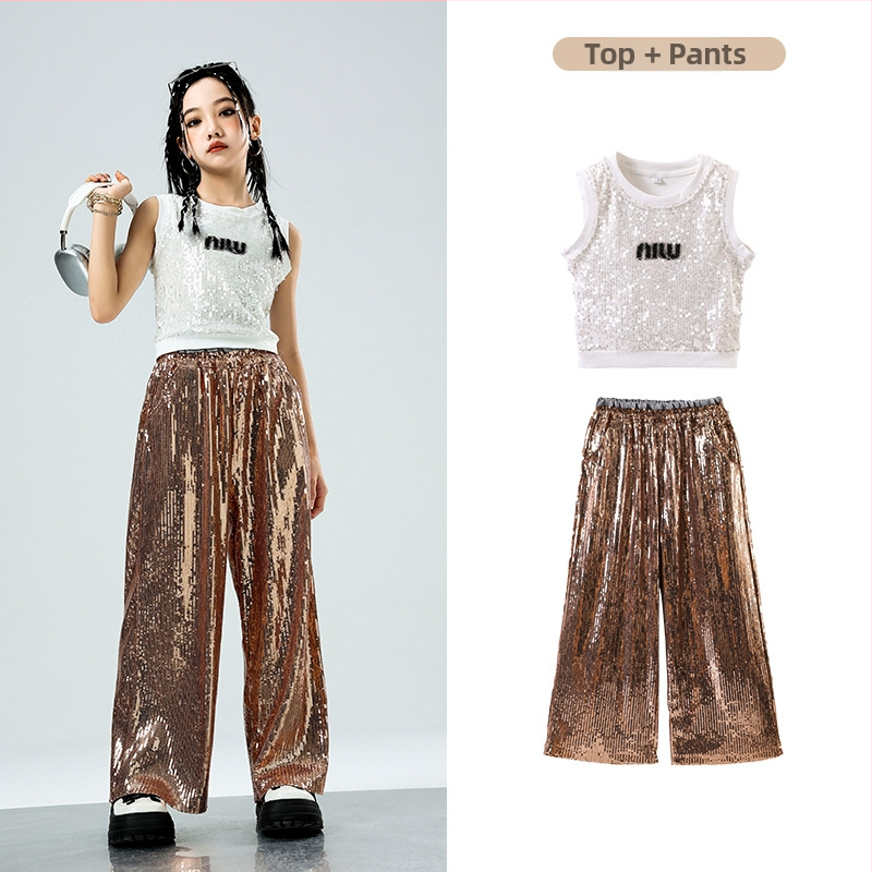 Dievčenský jazzový tanečný kostým — hip-hop štýl, flitre, bavlna 50%, pre deti od 8 rokov, leto 2024