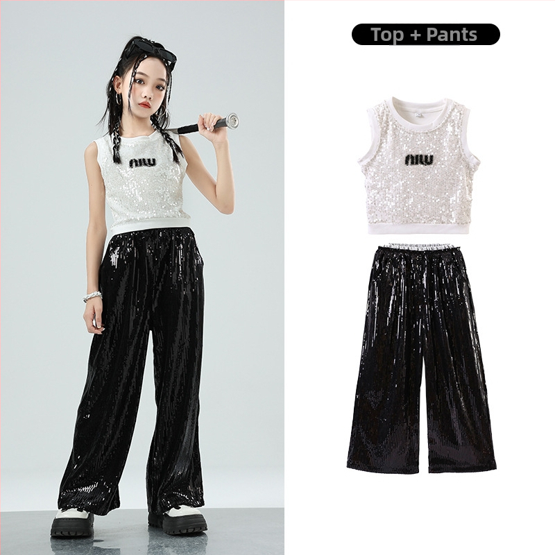 Dievčenský jazzový tanečný kostým — hip-hop štýl, flitre, bavlna 50%, pre deti od 8 rokov, leto 2024