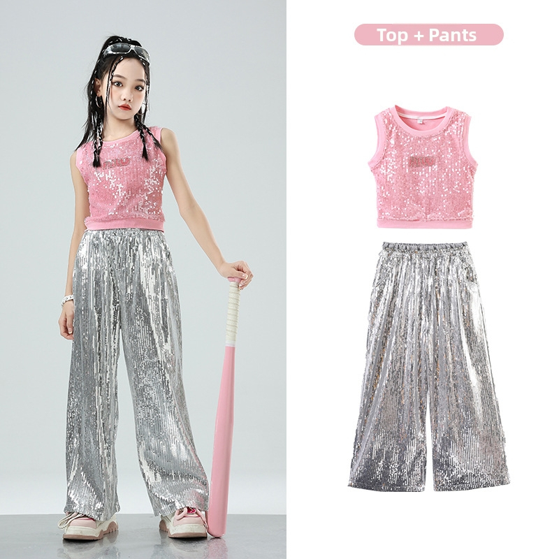 Dievčenský jazzový tanečný kostým — hip-hop štýl, flitre, bavlna 50%, pre deti od 8 rokov, leto 2024