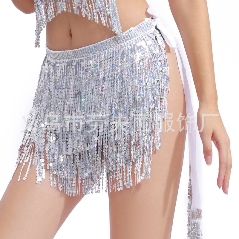 Suknja za belly dance s paillettes i resicama oko struka, boemska lace-up hip šalica – Raffrey, PU koža, poliester