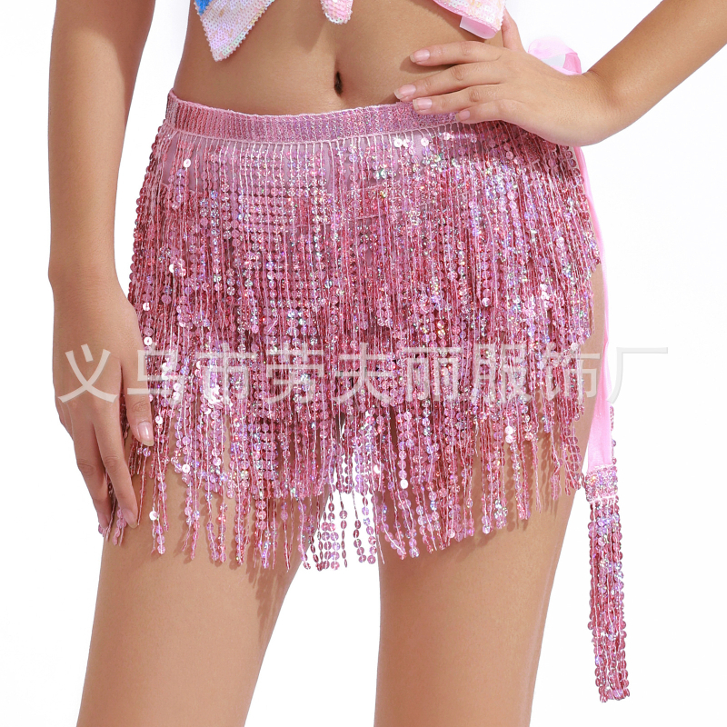 Suknja za belly dance s paillettes i resicama oko struka, boemska lace-up hip šalica – Raffrey, PU koža, poliester