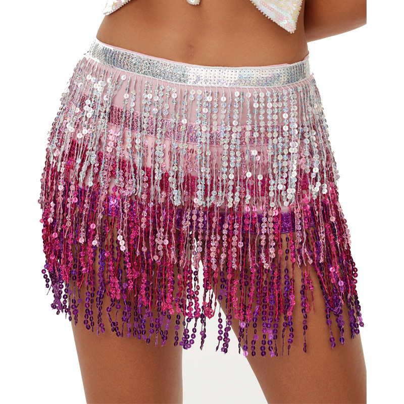 MRJWOH Rok-stílusú hastánc előadásra készült jelmez, négy réteg tassel derékszíj, bohem csípő kendő strasszokkal, chiffon anyag, 2023 tavasz