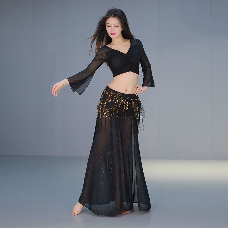 Nova kolekcija belly dance trening kompleta za četiri sezone, velika veličina, mrežasti materijal, suknja s prorezom za istočni ples