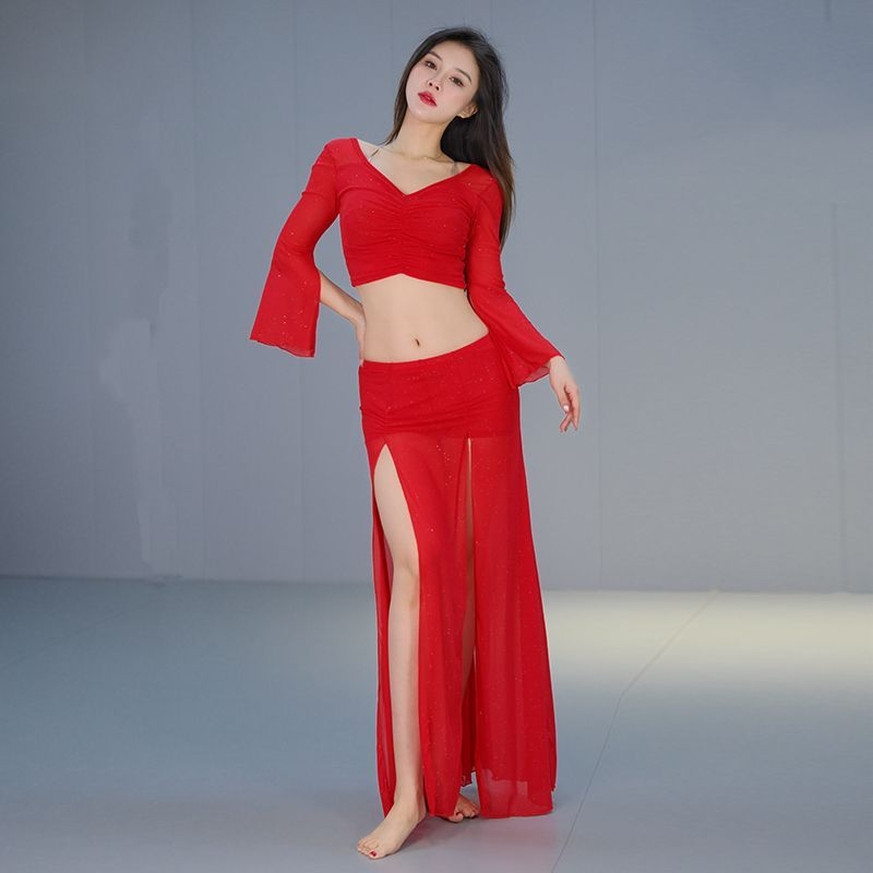 Nova kolekcija belly dance trening kompleta za četiri sezone, velika veličina, mrežasti materijal, suknja s prorezom za istočni ples