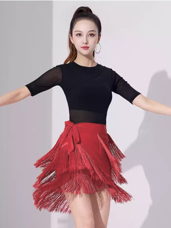 Fustă de dans latino pentru adulți cu ciucuri neregulați și șal șold broderat — poliester 50–70% + 30–50%, stil elegant, urban, vară 2025