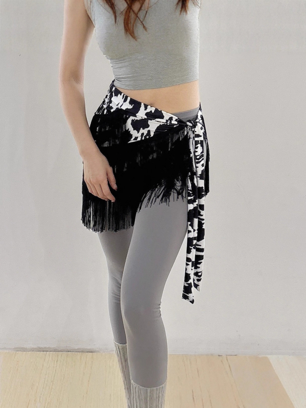 Fustă de dans latino pentru adulți cu ciucuri neregulați și șal șold broderat — poliester 50–70% + 30–50%, stil elegant, urban, vară 2025