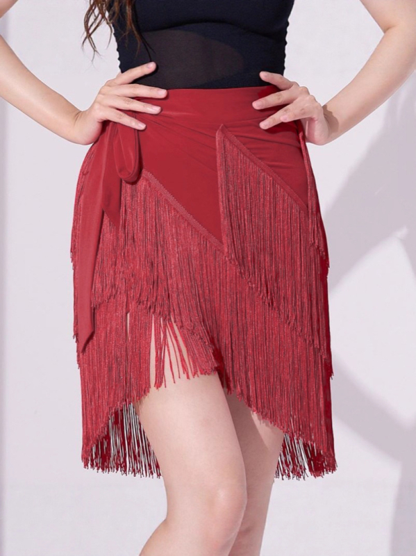 Fustă de dans latino pentru adulți cu ciucuri neregulați și șal șold broderat — poliester 50–70% + 30–50%, stil elegant, urban, vară 2025