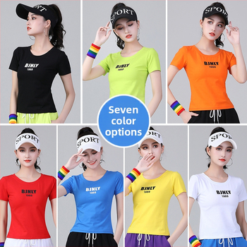 Odeća za square dance: kratke rukave T‑shirt s alfabetnim printom i trenirke; pamuk 94% s podstavom spandeksa 6%; za odrasle žene; pogodno za proljeće-ljeto-jesen; za square dance, hip-hop, belly dance
