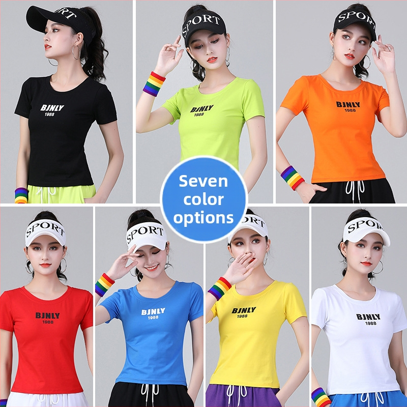 Odeća za square dance: kratke rukave T‑shirt s alfabetnim printom i trenirke; pamuk 94% s podstavom spandeksa 6%; za odrasle žene; pogodno za proljeće-ljeto-jesen; za square dance, hip-hop, belly dance