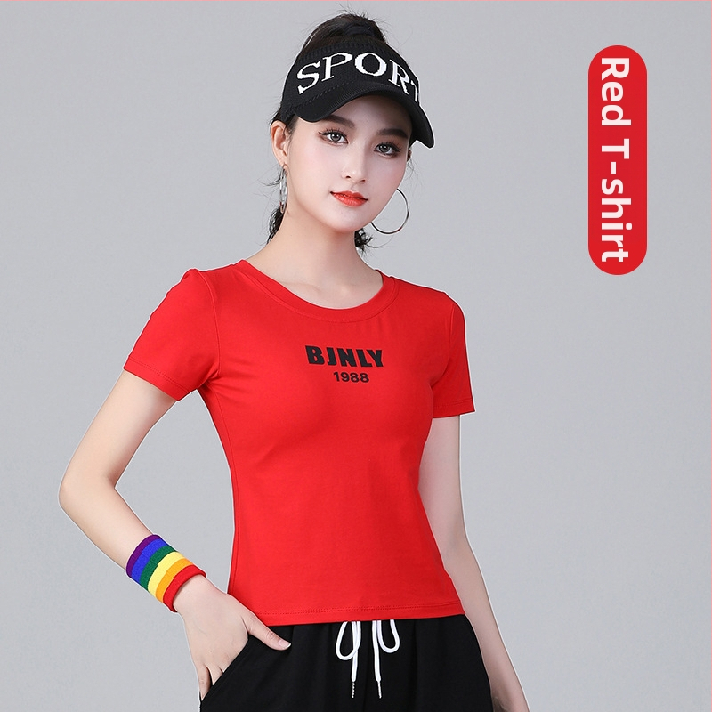 Odeća za square dance: kratke rukave T‑shirt s alfabetnim printom i trenirke; pamuk 94% s podstavom spandeksa 6%; za odrasle žene; pogodno za proljeće-ljeto-jesen; za square dance, hip-hop, belly dance
