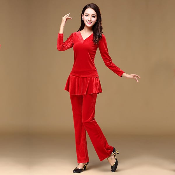 Set kostima za square dance od velura s V-izrezom; 90% elastan; podstava od velura; za zimu i jesen; za starije žene; pogodan za pozornicu, belly dance, latino ples, narodni ples