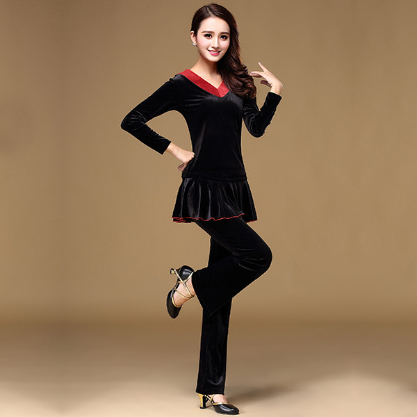 Set kostima za square dance od velura s V-izrezom; 90% elastan; podstava od velura; za zimu i jesen; za starije žene; pogodan za pozornicu, belly dance, latino ples, narodni ples