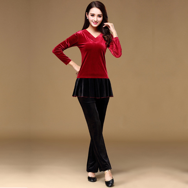 Set kostima za square dance od velura s V-izrezom; 90% elastan; podstava od velura; za zimu i jesen; za starije žene; pogodan za pozornicu, belly dance, latino ples, narodni ples