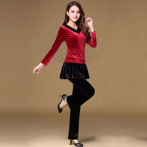 Set kostima za square dance od velura s V-izrezom; 90% elastan; podstava od velura; za zimu i jesen; za starije žene; pogodan za pozornicu, belly dance, latino ples, narodni ples