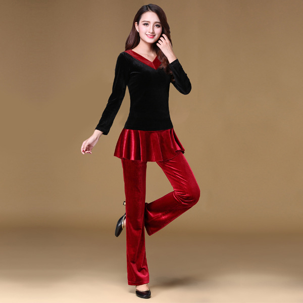 Set kostima za square dance od velura s V-izrezom; 90% elastan; podstava od velura; za zimu i jesen; za starije žene; pogodan za pozornicu, belly dance, latino ples, narodni ples