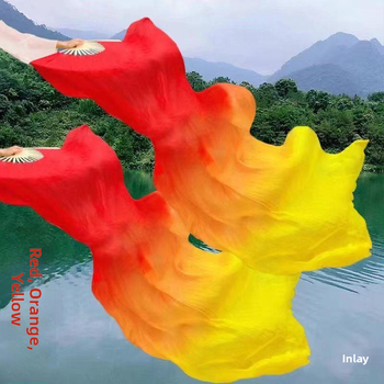 Ilgas šilko šokių ventiliatorius su trim spalvų gradientine liepsnos motyvu ir koi motyvu, suaugusiems, vasaros 2021 leidimas