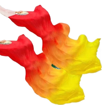 Фен за ориенталски танц – дълъг коприна фен с трицветен градиентен пламък и мотив koi, за възрастни, лято 2021