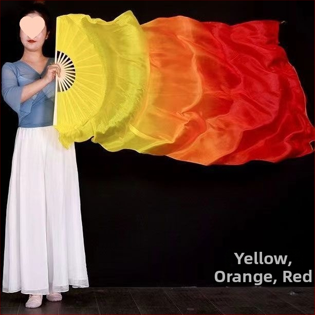 Ilgas šilko šokių ventiliatorius su trim spalvų gradientine liepsnos motyvu ir koi motyvu, suaugusiems, vasaros 2021 leidimas