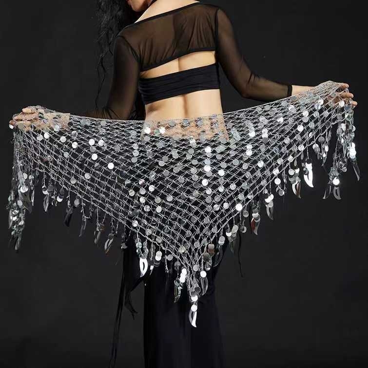 Costum de dans al burii cu eșarfă triunghiulară, lanț de talie și șal șold sirenă – poliester, compoziție principală 50–70% poliester, secundară 30–50% poliester, stil sexy urban, fără călcare