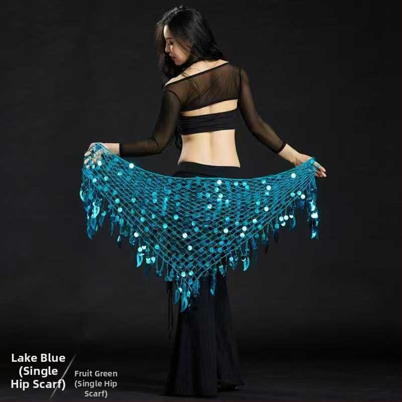 Costum de dans al burii cu eșarfă triunghiulară, lanț de talie și șal șold sirenă – poliester, compoziție principală 50–70% poliester, secundară 30–50% poliester, stil sexy urban, fără călcare