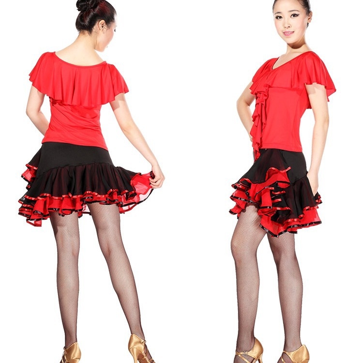 Latinska plesna odjeća: Milk Silk tkanina, šifon gornji dio s detaljem lotosovog lista i dijamantnim ukrasima, suknja za square dance s ugrađenim sigurnosnim šorcima