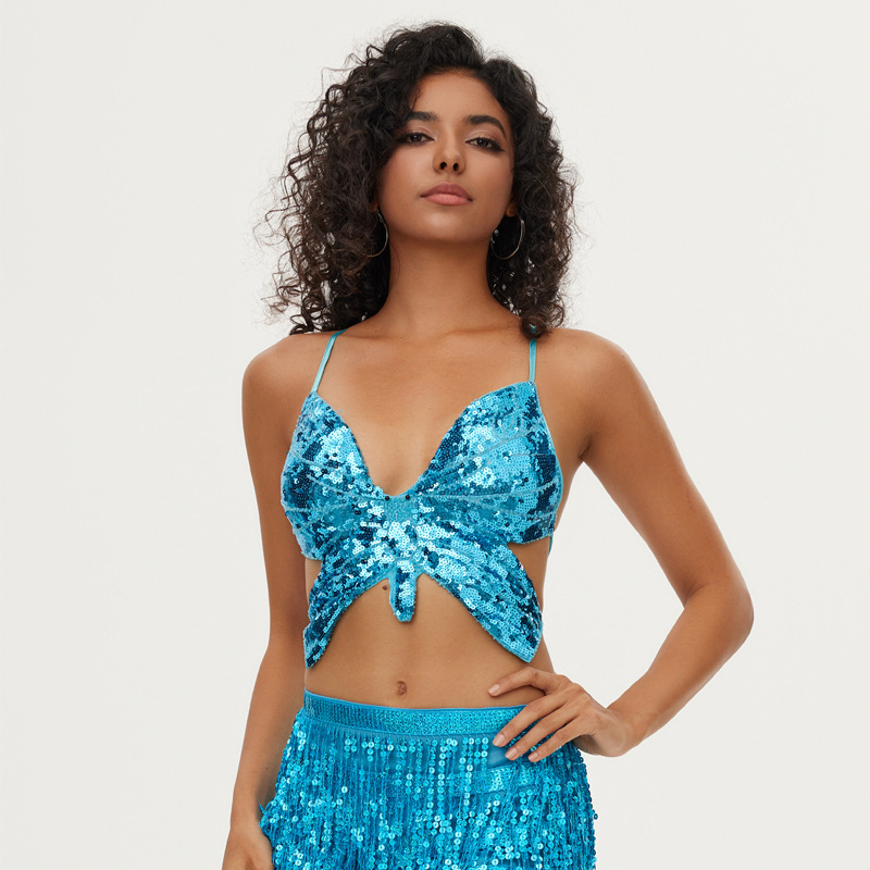 MRJWOH Belly Dance top sa šljokicama — Ženski scenski kostim, poliester, ljeto 2025