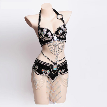 Costum Belly Dance: Set de sutien și centură cu mărgele brodate manual, stil Boho, poliester 70–80% + PVC 30–50%, croitorie manuală, primăvara 2024
